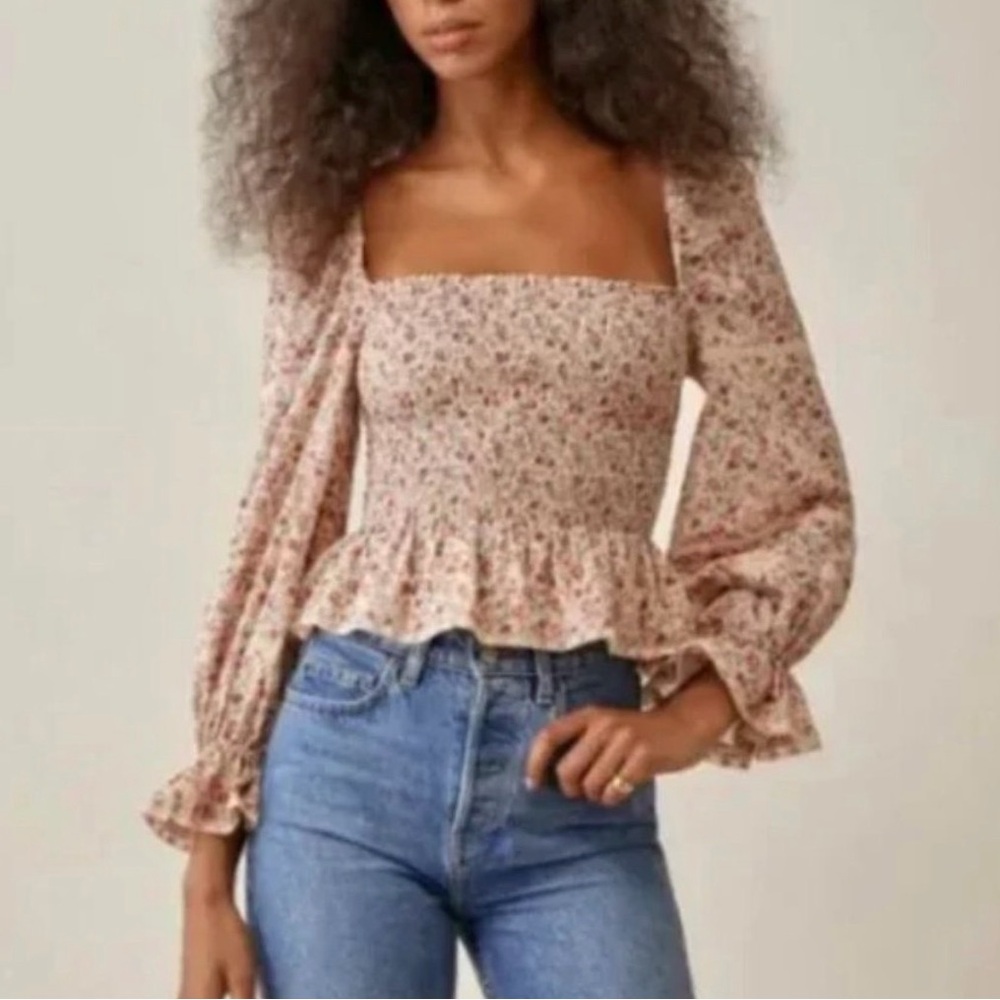 Reformation Roland Cotton Floral Smocked Top in Fairy
